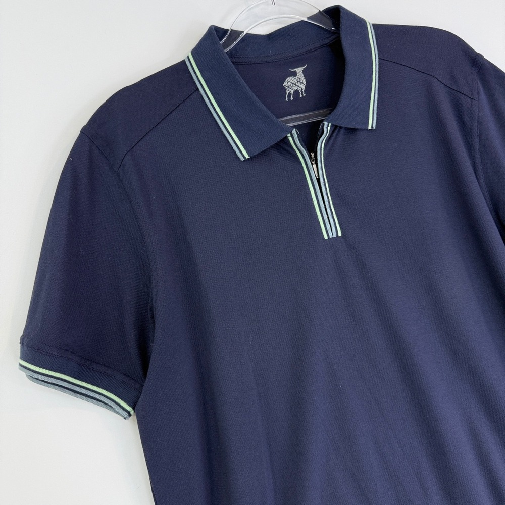 Raffi Zip Neck Polo Shirt Men Large Navy Blue Tipped Trim Cotton 12939